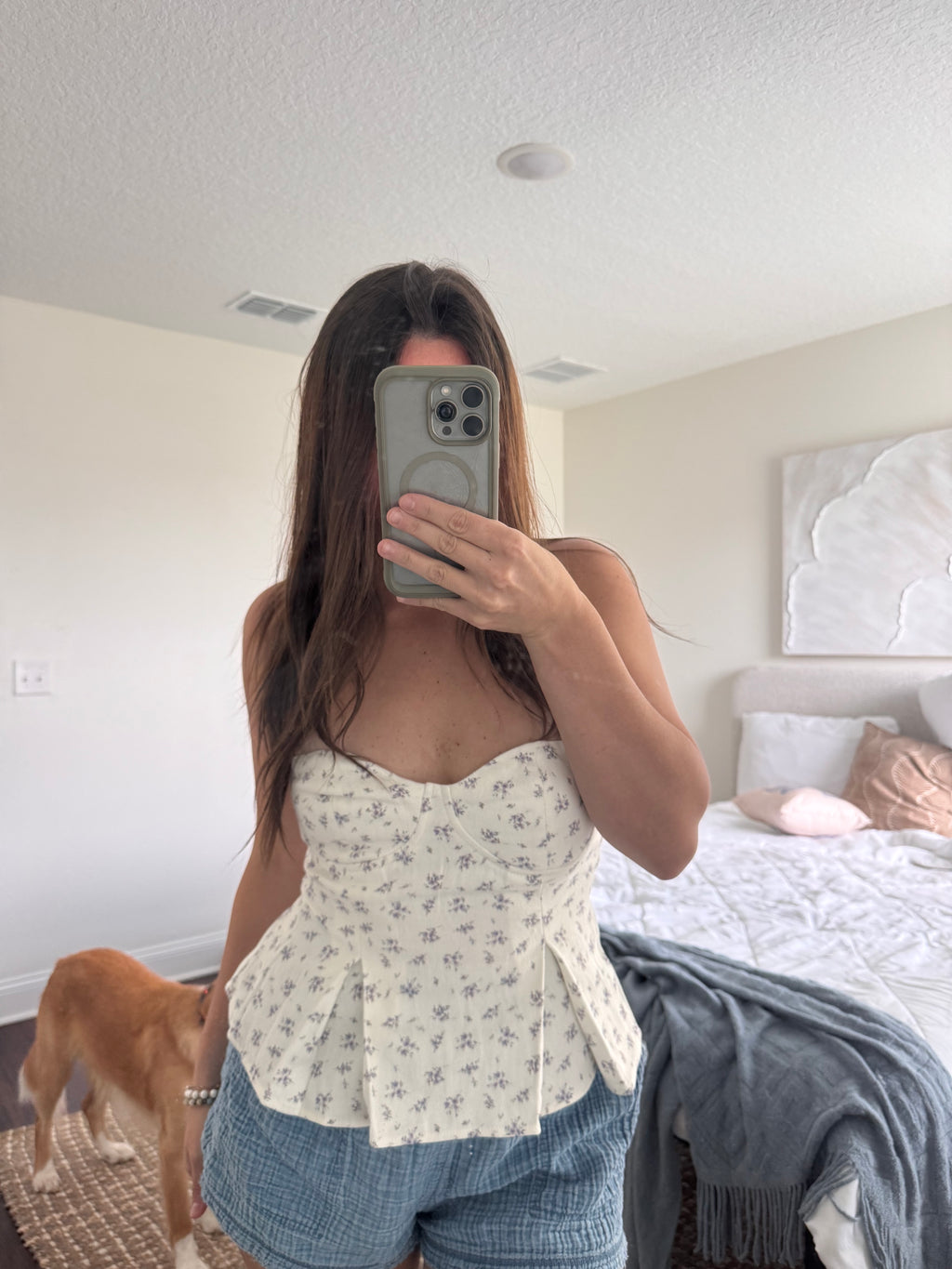 julia denim flower tube smocked back top