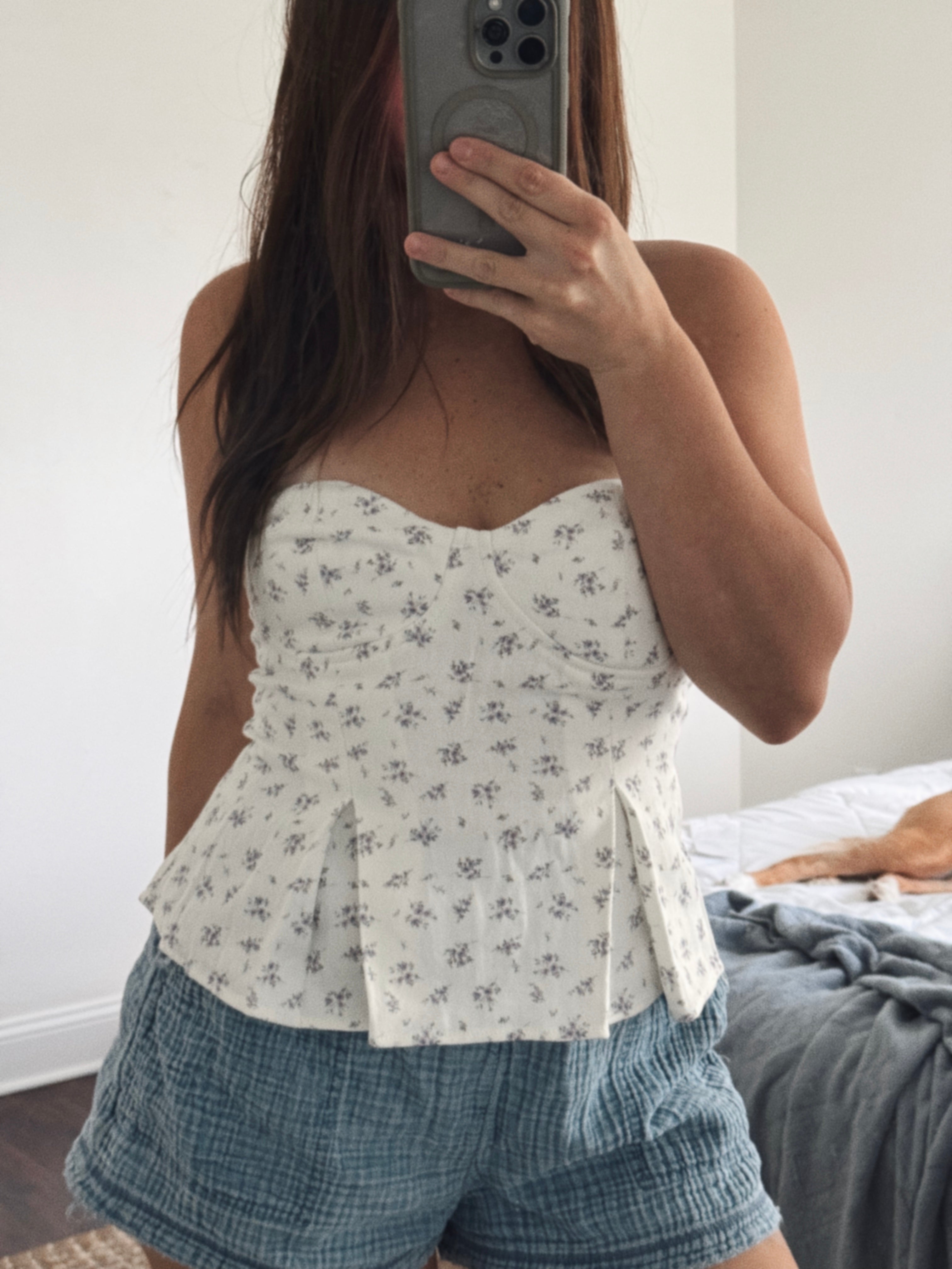 julia denim flower tube smocked back top