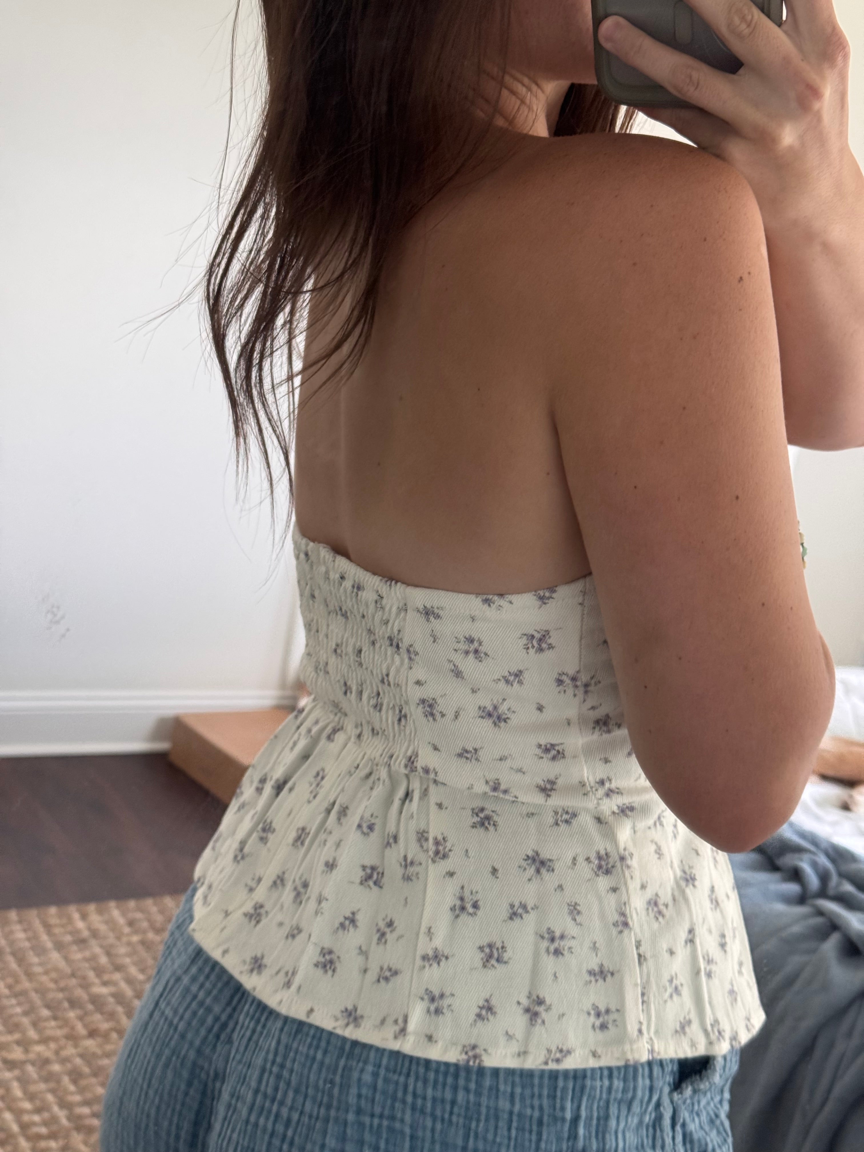 julia denim flower tube smocked back top