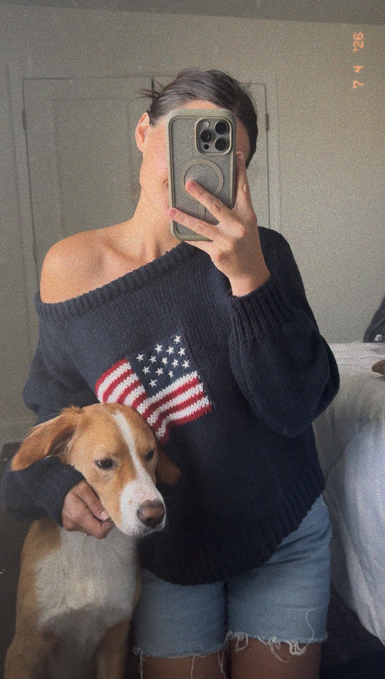 american flag off the shoulder sweater