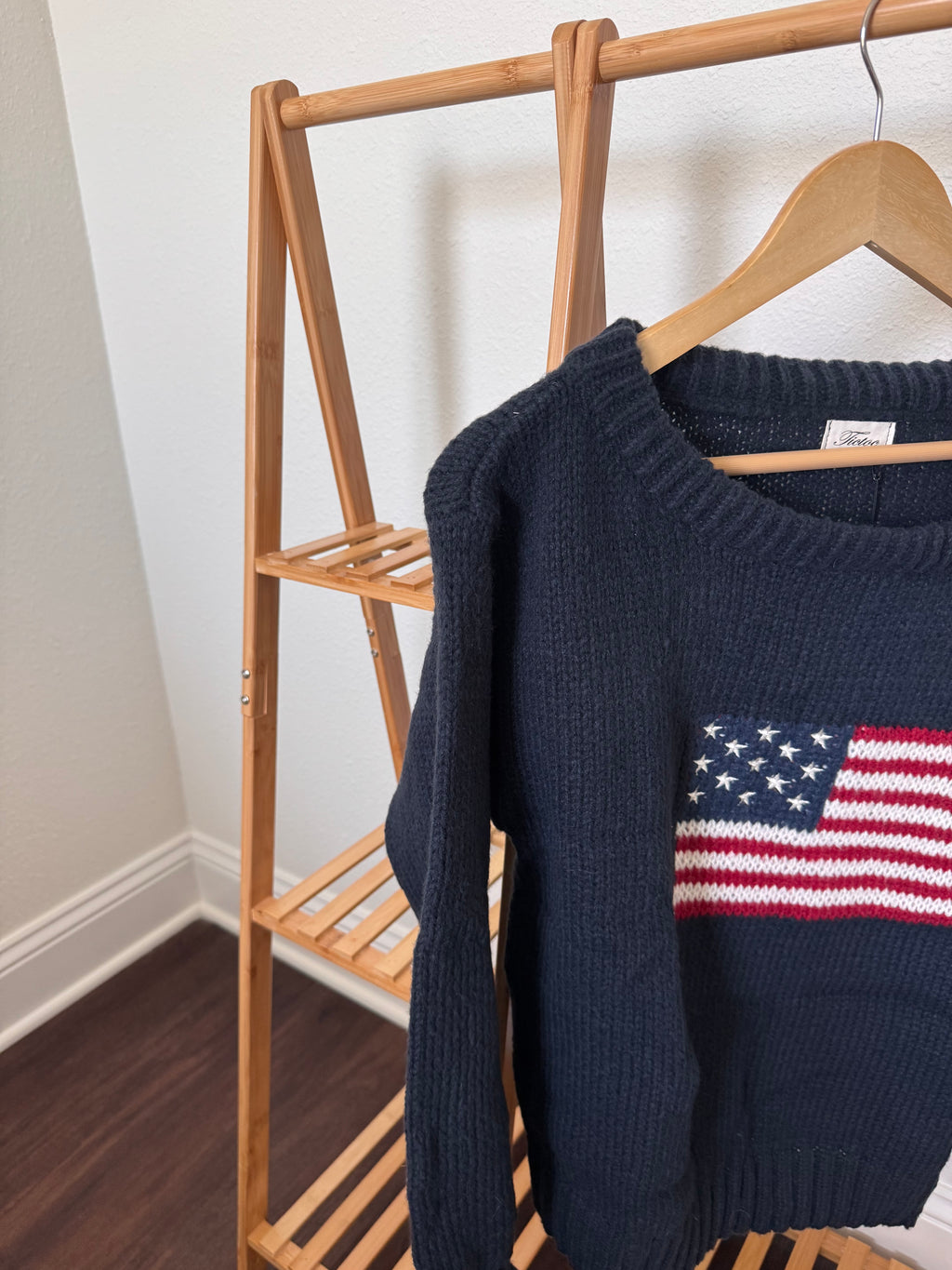 american flag off the shoulder sweater