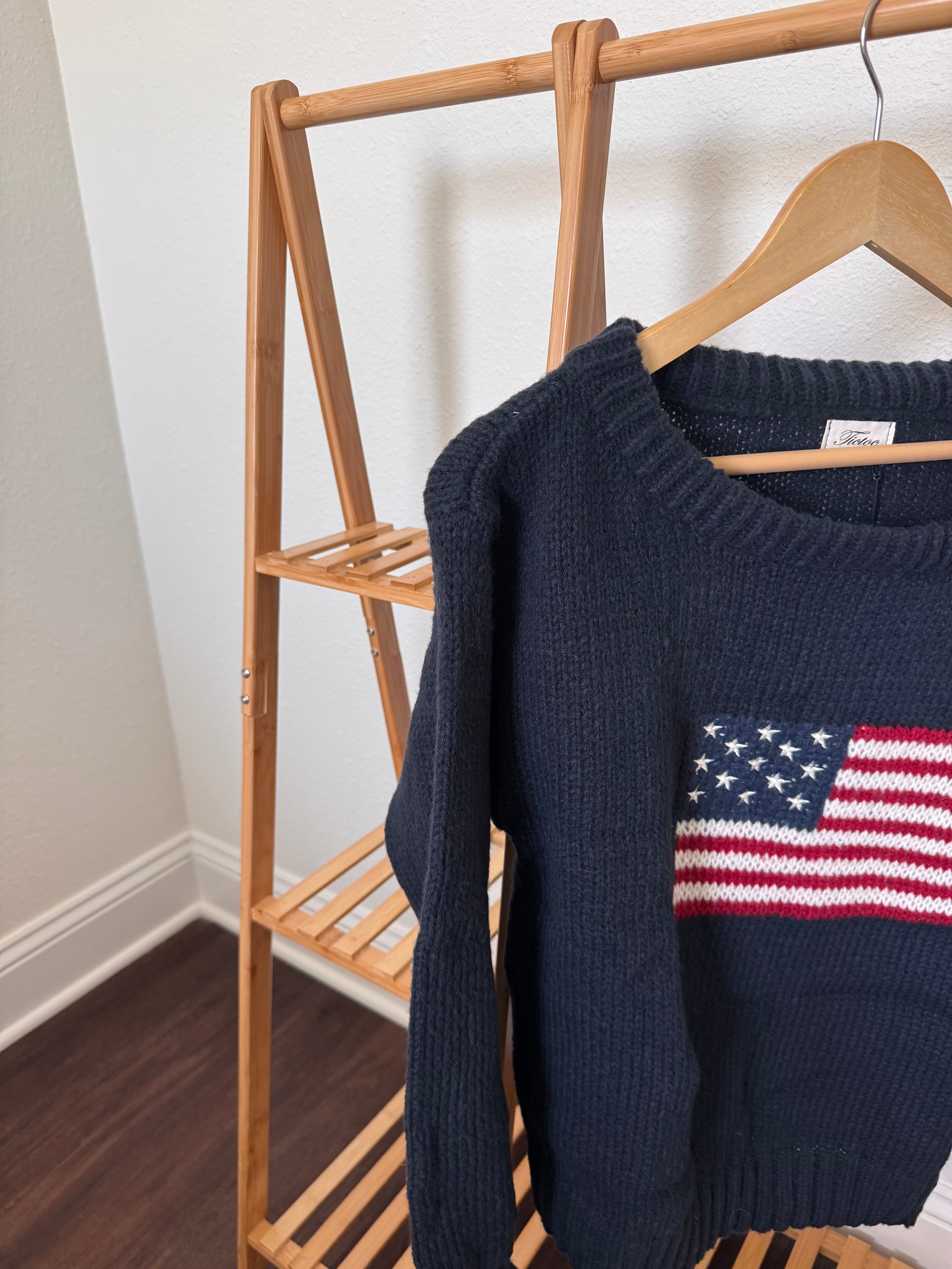 american flag off the shoulder sweater