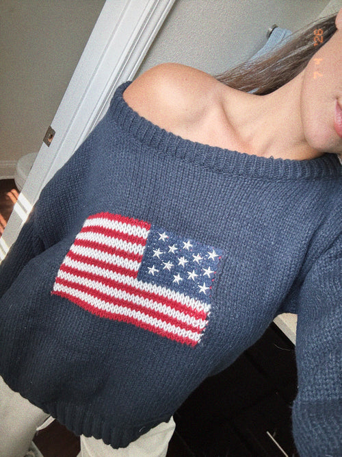 american flag off the shoulder sweater