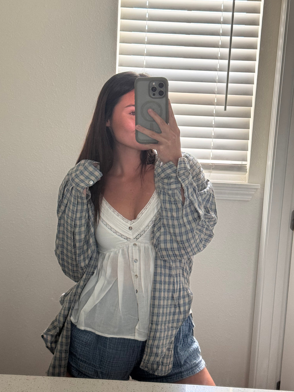 baker lace puff sleeve button down